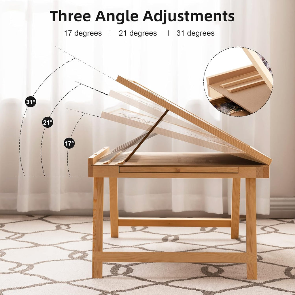 Tilting Puzzle Table with 2 Drawers, Adjustable Jigsaw Puzzle Board, Portable Wooden Puzzle Plateau with Folding Legs & Non-Slip Tabletop O6273