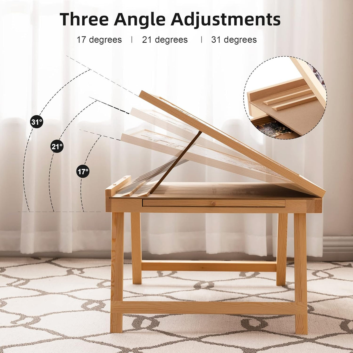 Tilting Puzzle Table with 2 Drawers, Adjustable Jigsaw Puzzle Board, Portable Wooden Puzzle Plateau with Folding Legs & Non-Slip Tabletop O6273