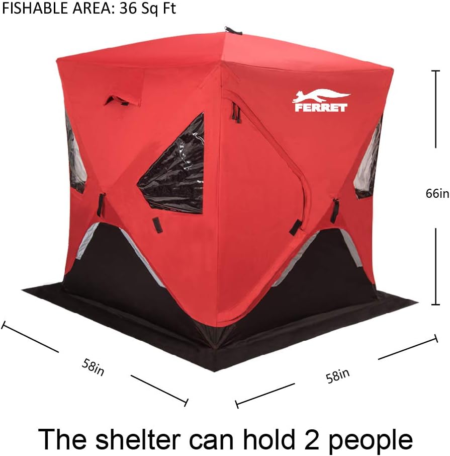 Red 1-2 Person 58X58X66 Waterproof Pop-up Ice Shelter Tent with Carrier Bag O18094