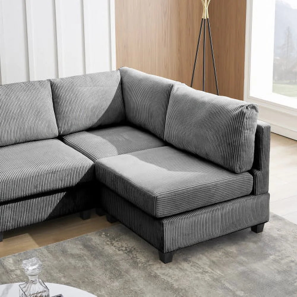L-Shaped Grey Corduroy Sectional Sofa with Chaise H251