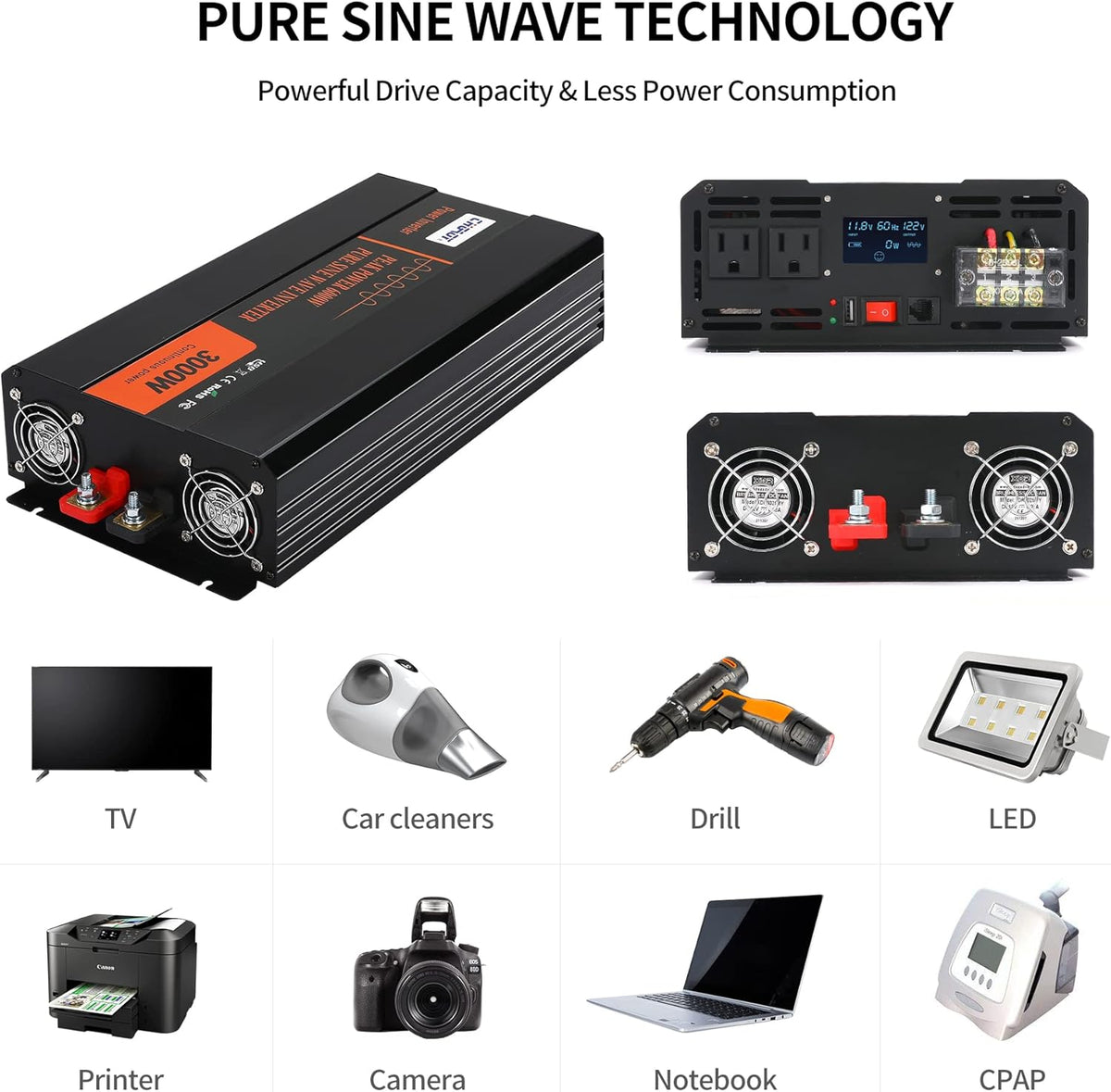 3000W Pure Sine Wave Power Inverter DC 12V to AC 120V with LCD Digital Display Remote Control USB Port H423