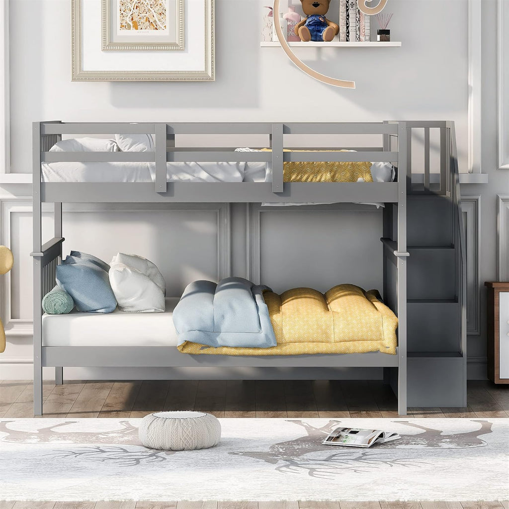 Gray Solid Wood Twin Loft Bed with Slide and Storage X442839