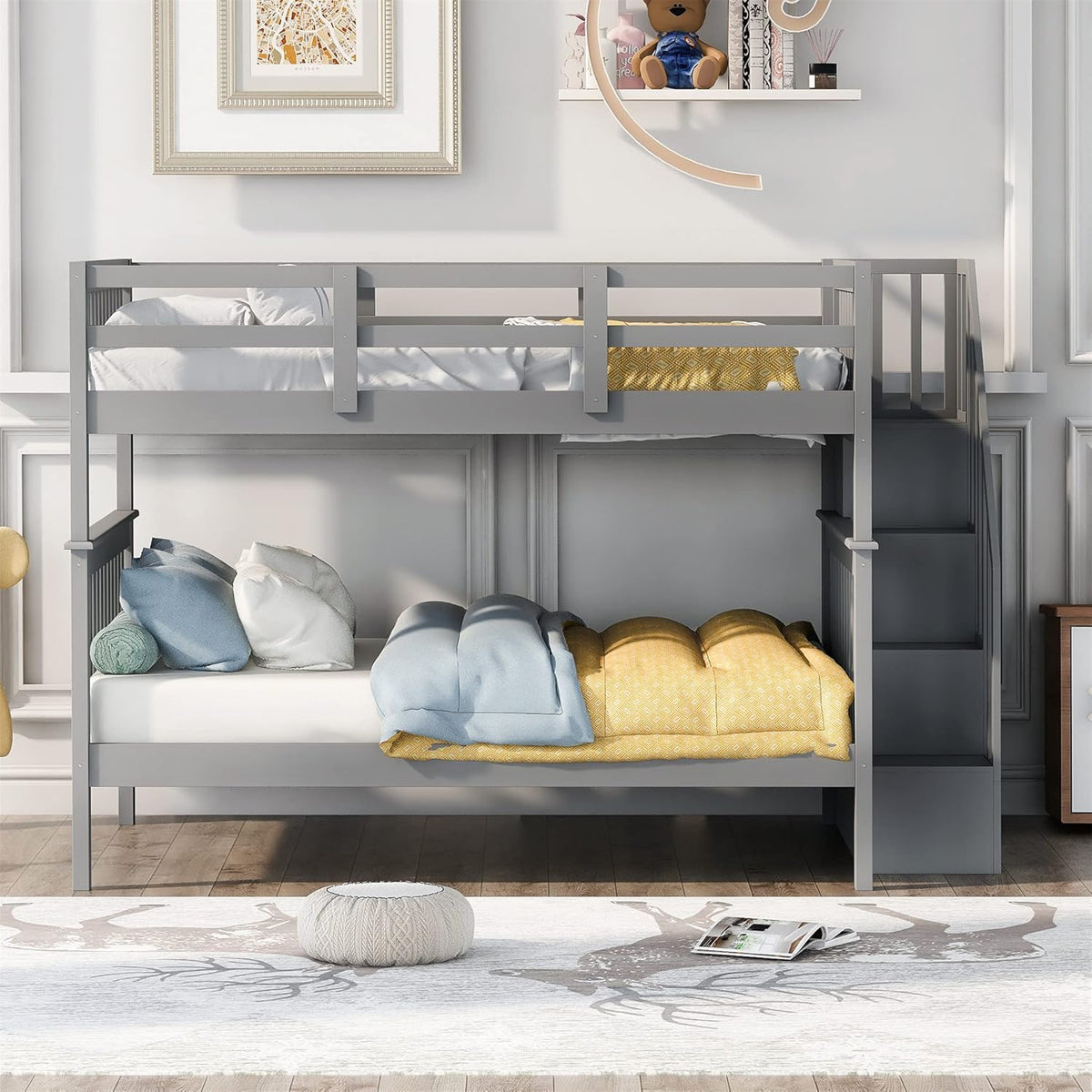 Gray Solid Wood Twin Loft Bed with Slide and Storage X442839