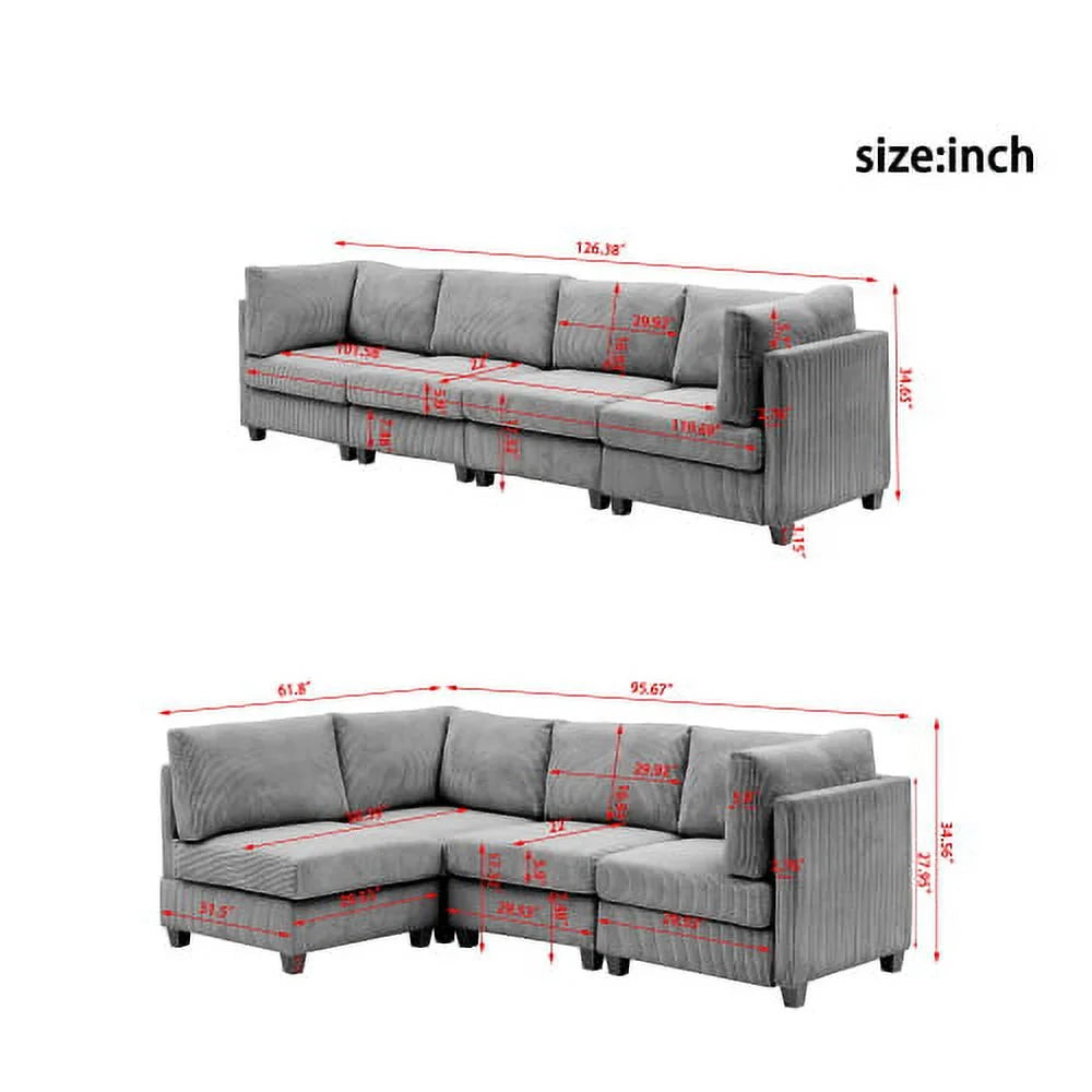 L-Shaped Grey Corduroy Sectional Sofa with Chaise H251