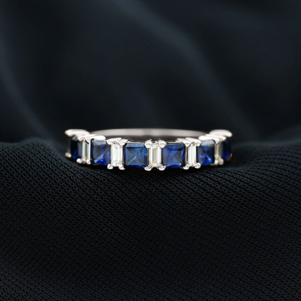 Lab Created Blue Sapphire Half Eternity Ring with Diamond - 2 CT, 14K White Gold, US 6.00 O831055