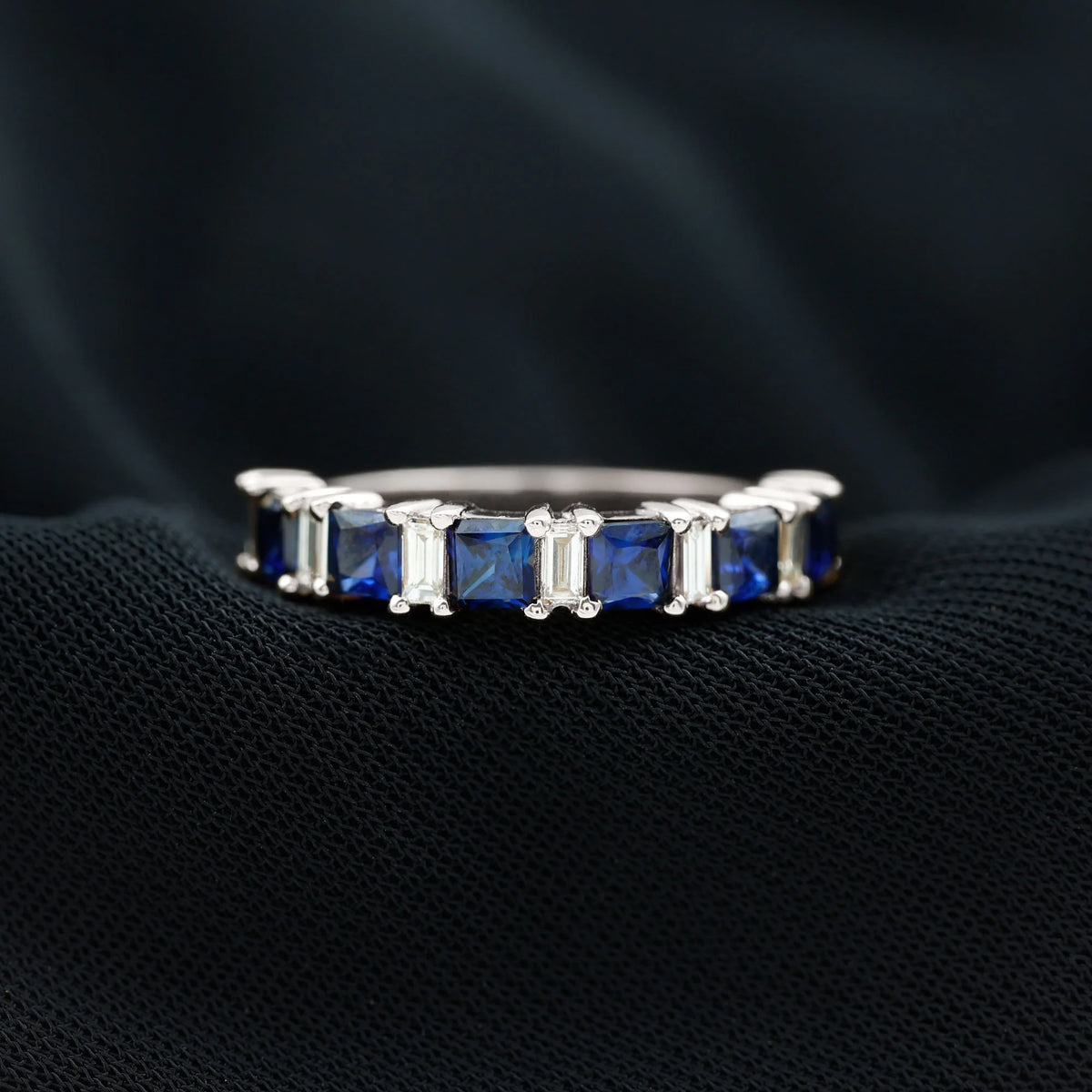 Lab Created Blue Sapphire Half Eternity Ring with Diamond - 2 CT, 14K White Gold, US 6.00 O831055