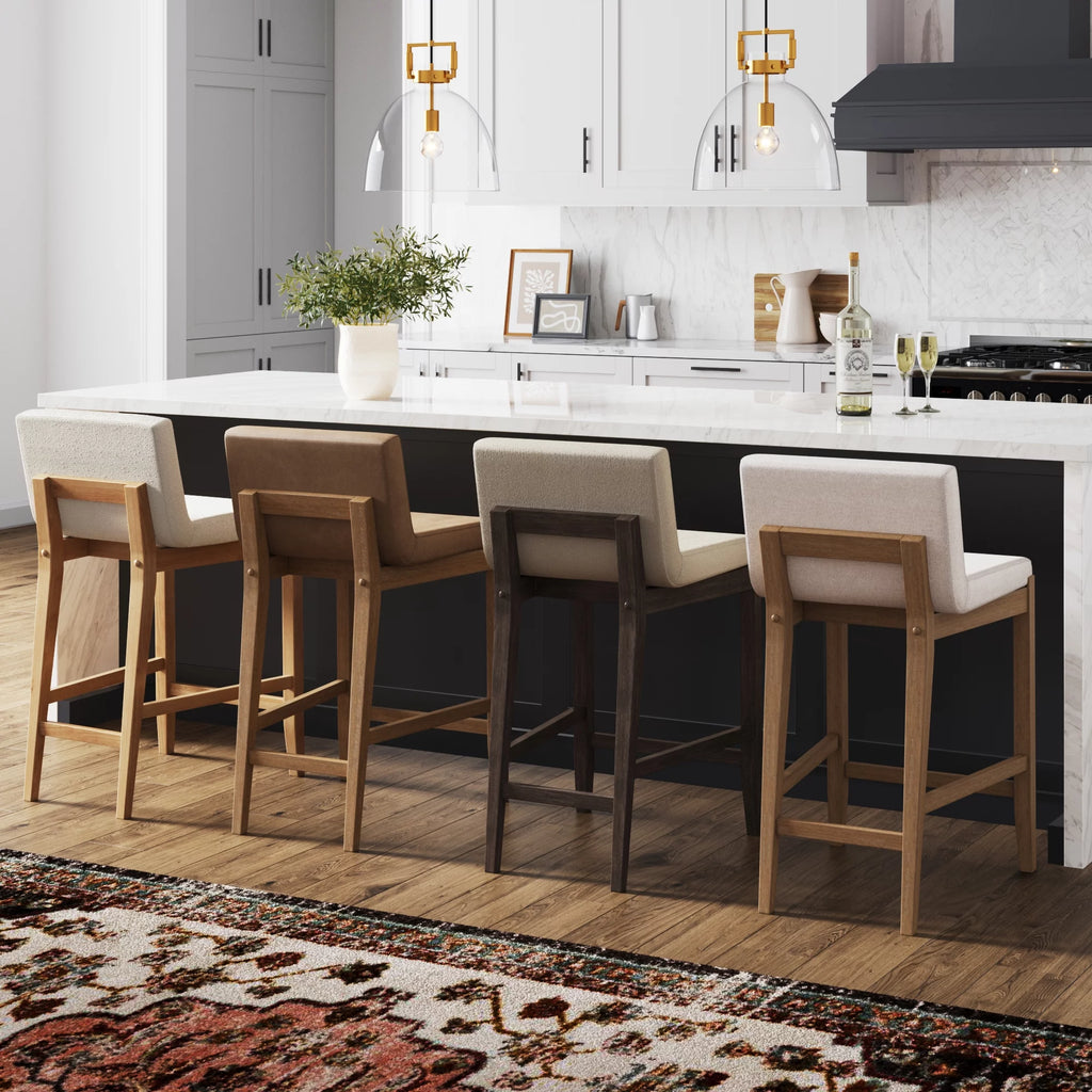 Counter Height Bar Stool with Back, Upholstered Boucle Linen Chair with Wooden Legs I89393
