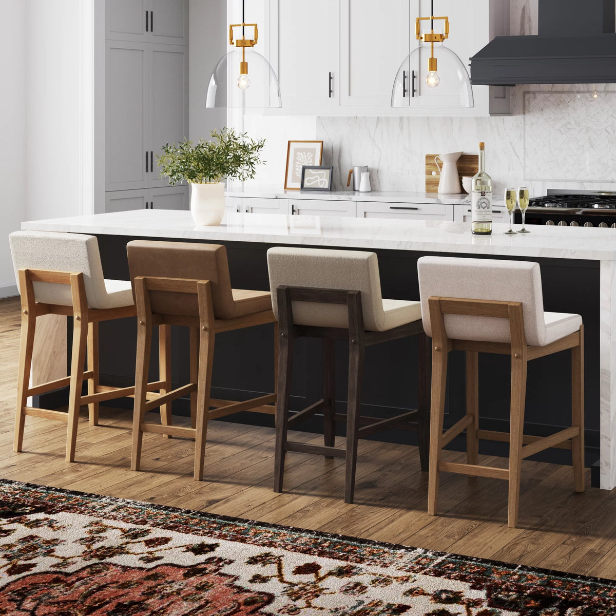 Counter Height Bar Stool with Back, Upholstered Boucle Linen Chair with Wooden Legs I89393