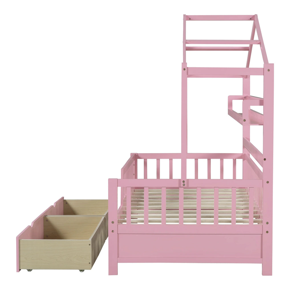 Twin Size Wooden House Bed with 2 Drawers W2905