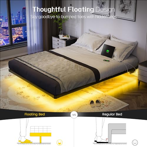 Full Size Metal Platform Bed with LED Lights and Charging Station W250