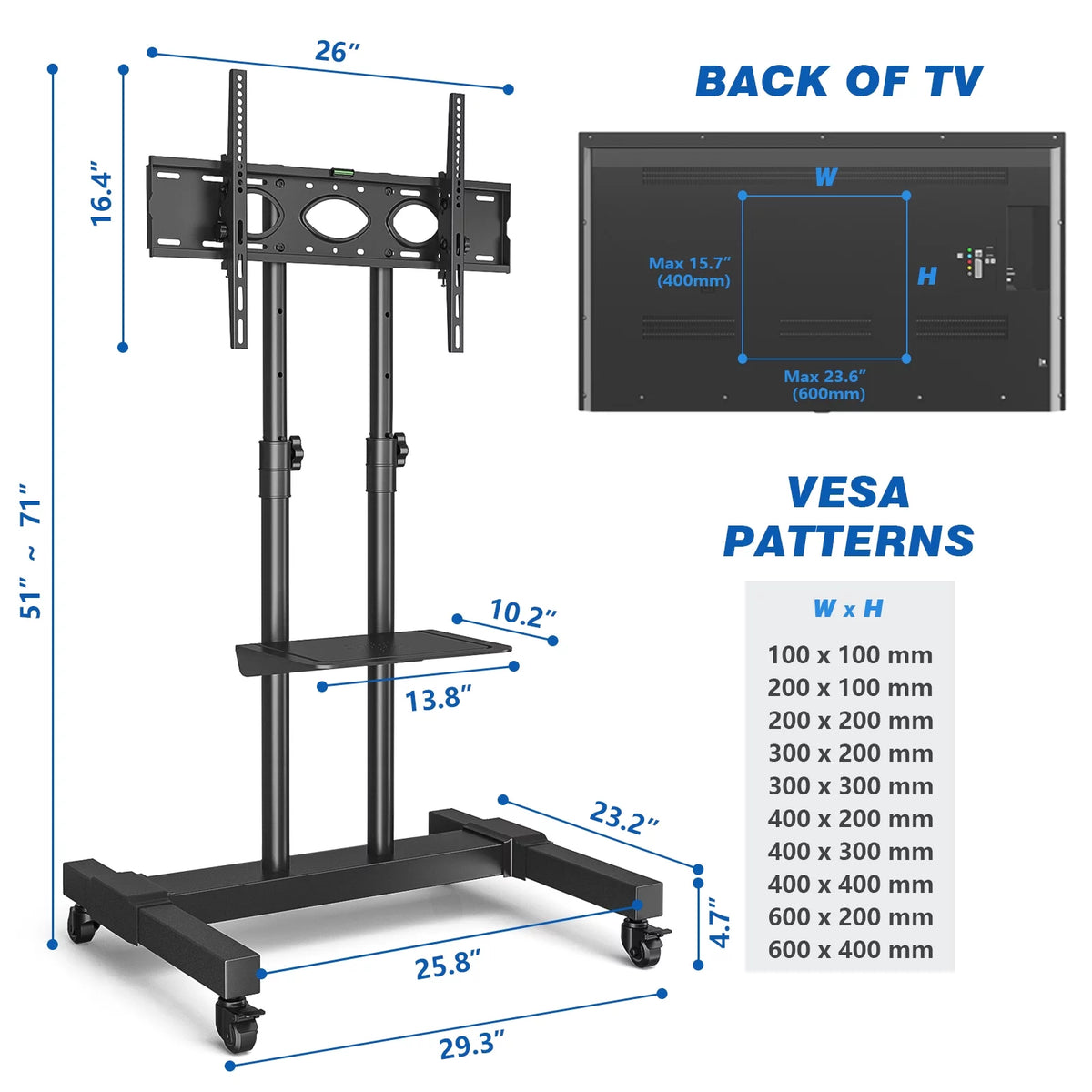 Black Rolling TV Stand with Wheels Z3721