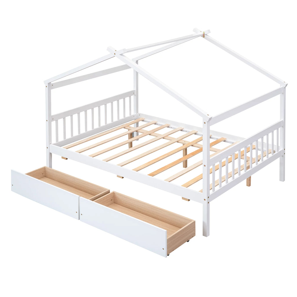 Full Size White Wooden House Bed with Drawers B2086