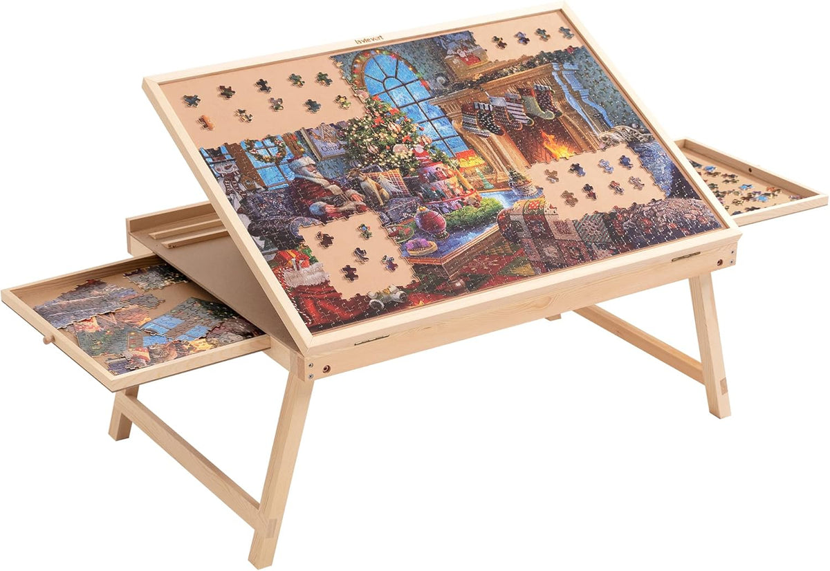 Tilting Puzzle Table with 2 Drawers, Adjustable Jigsaw Puzzle Board, Portable Wooden Puzzle Plateau with Folding Legs & Non-Slip Tabletop O6273