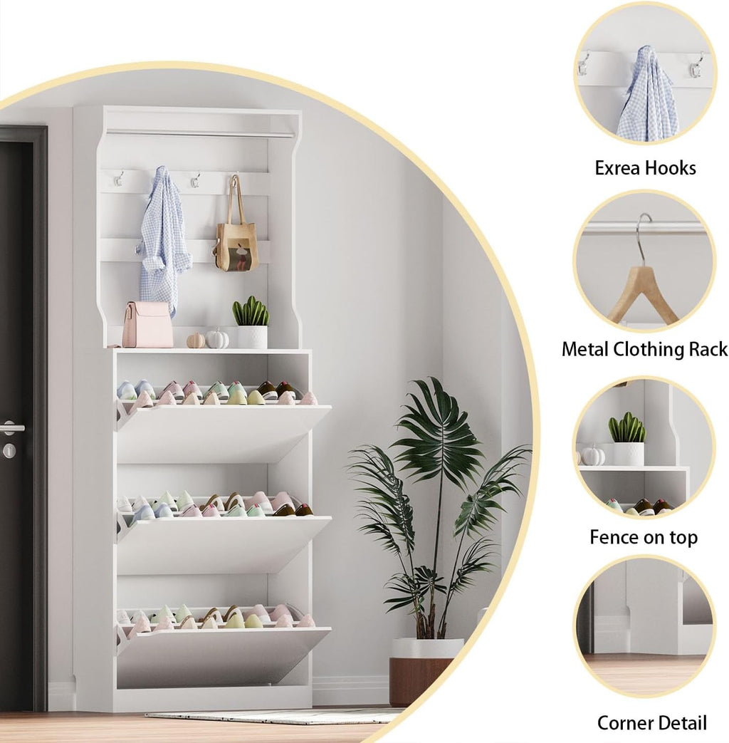 White 3 Flip Drawer Tall Wood Shoe Cabinet with Coat Rack B487979