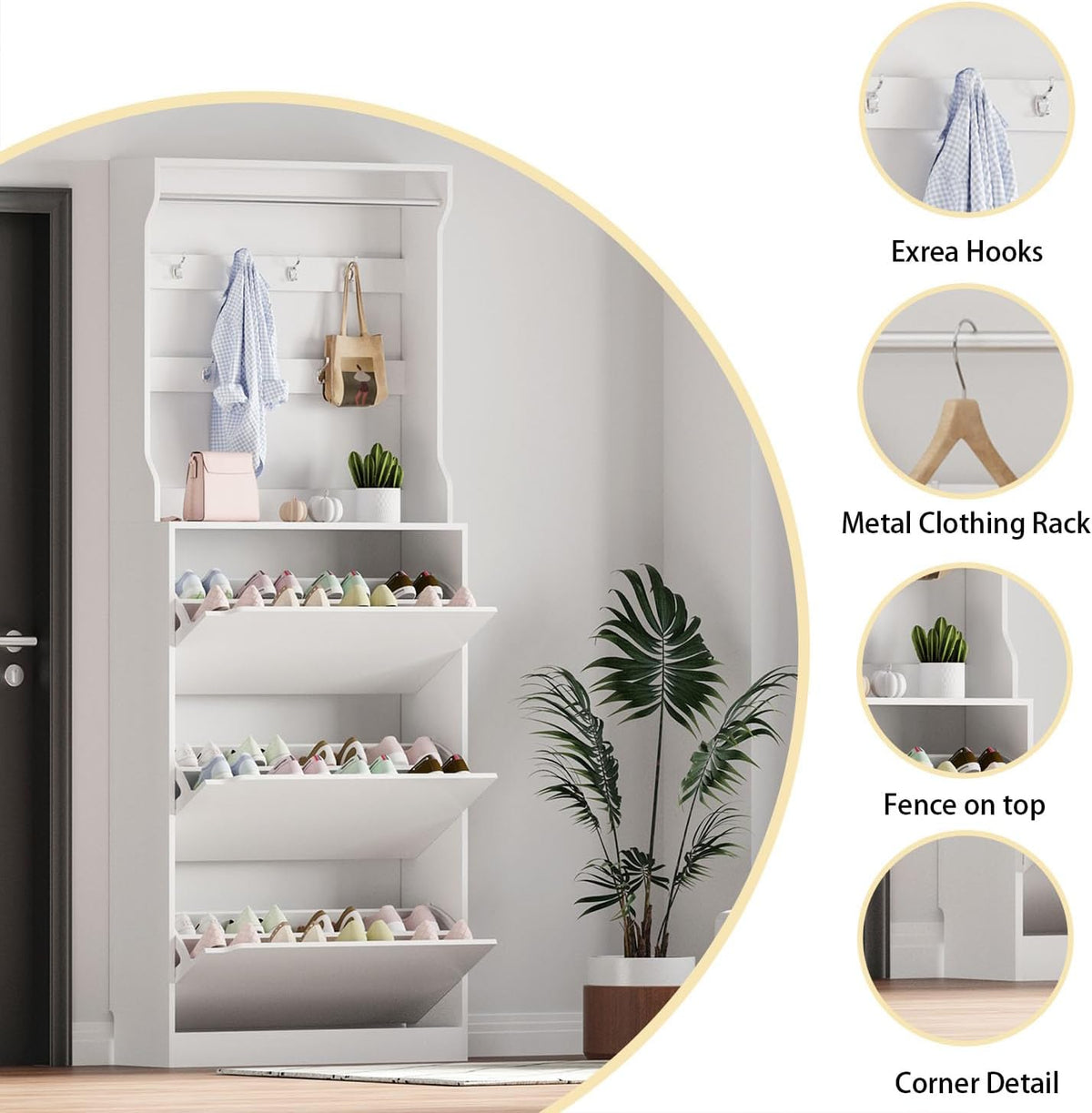 White 3 Flip Drawer Tall Wood Shoe Cabinet with Coat Rack B487979