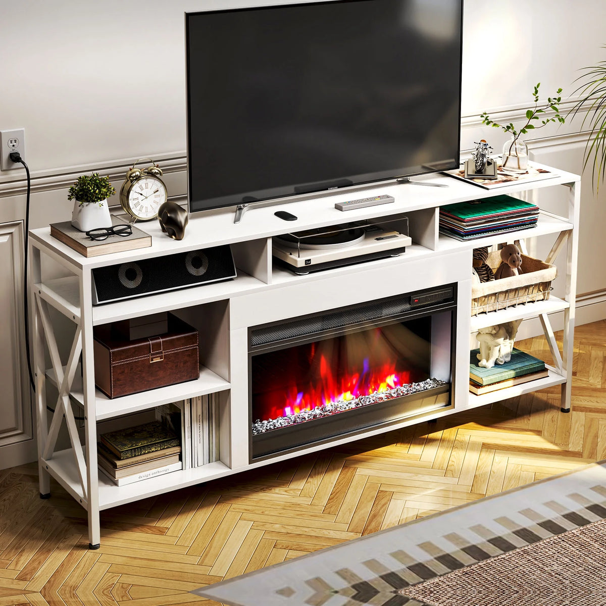 White Electric Fireplace TV Stand with LED Strip Lights and Remote Control Q862