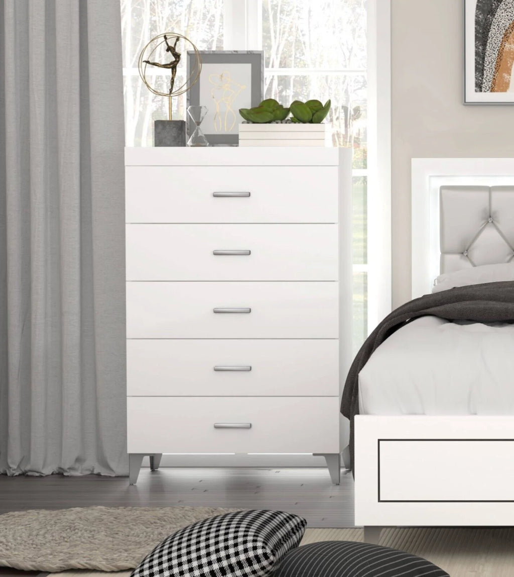 White 5pc Queen Size Bedroom Set with LED Headboard Nightstand Dresser Chest Mirror L70928