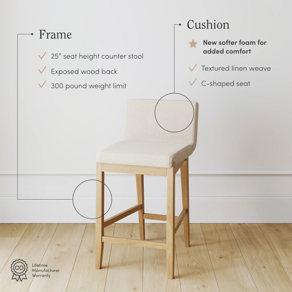 Counter Height Bar Stool with Back, Upholstered Boucle Linen Chair with Wooden Legs I89393