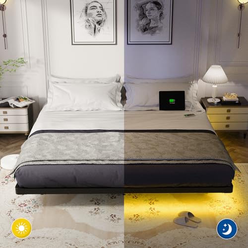 Full Size Metal Platform Bed with LED Lights and Charging Station W250