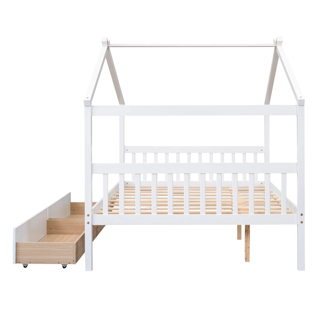 Full Size White Wooden House Bed with Drawers B2086