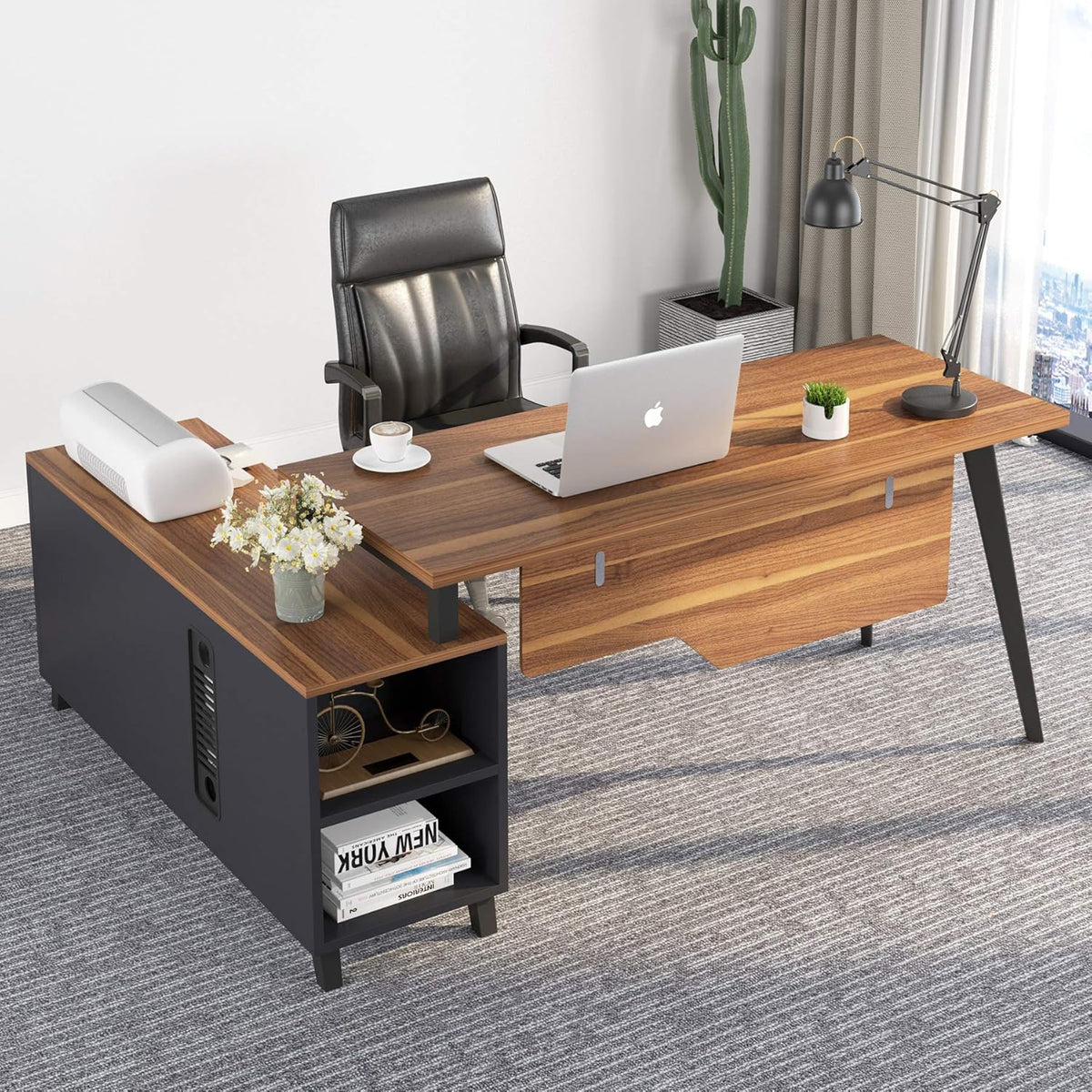 Large L-Shaped Desk with Storage and File Cabinet, Dark Walnut Stainless Steel Legs V8907