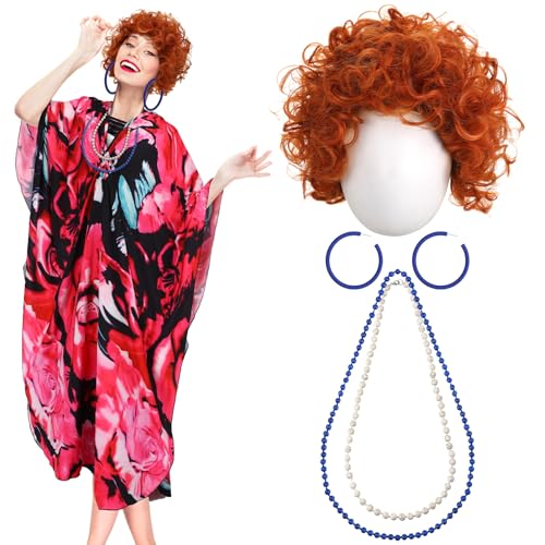 5 Pcs Halloween Costume Set with Print Caftan Dress Curly Wig Bead Necklace Earring T779586