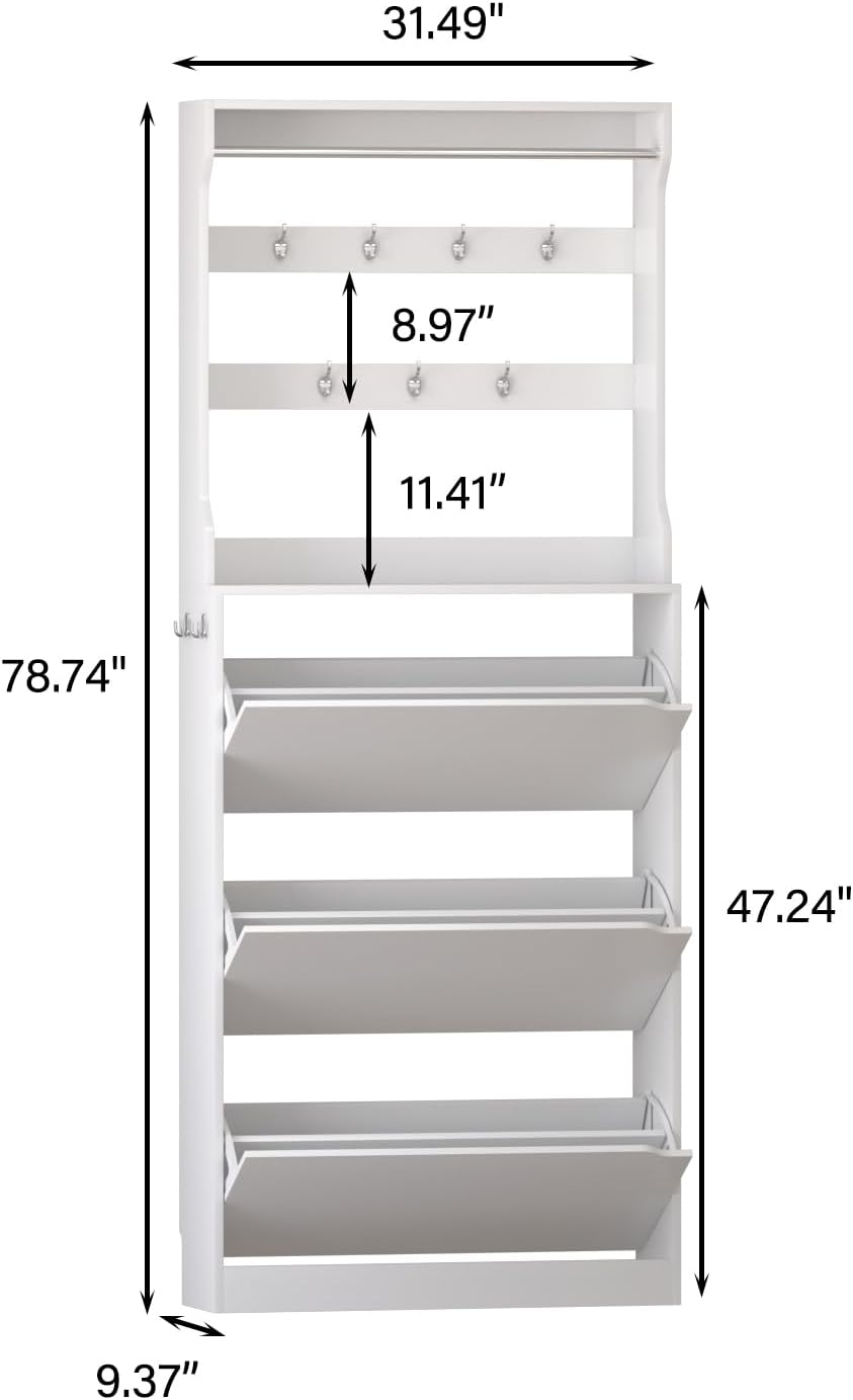 White 3 Flip Drawer Tall Wood Shoe Cabinet with Coat Rack B487979