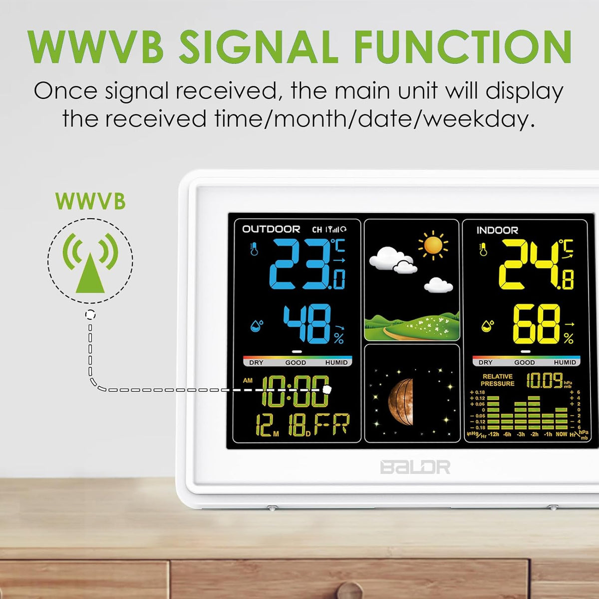 Wireless Indoor Outdoor Weather Station with Atomic Clock and Barometer E2173