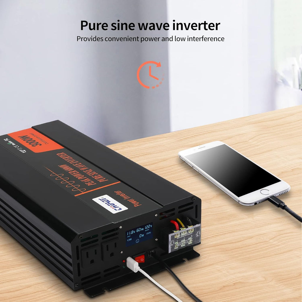 3000W Pure Sine Wave Power Inverter DC 12V to AC 120V with LCD Digital Display Remote Control USB Port H423