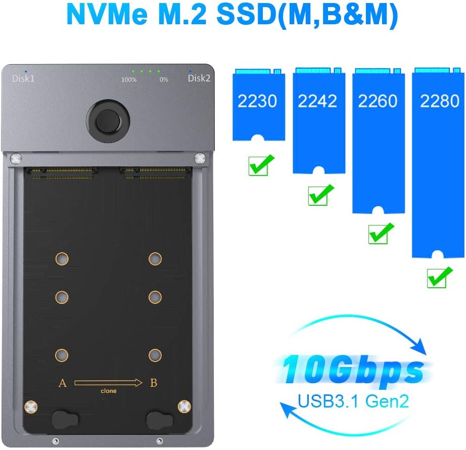 USB C 10Gbps Dual-Bay M.2 NVME SSD Enclosure with Offline Clone N1878