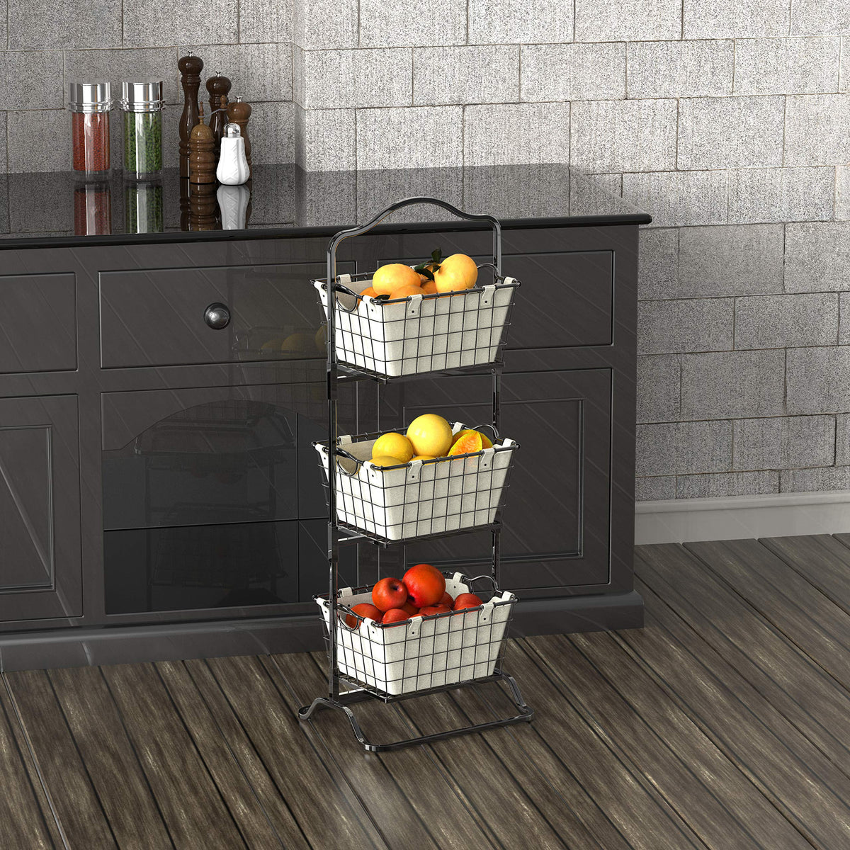 3-Tier Rigid Wire Market Fruit Basket Stand, Black P363316