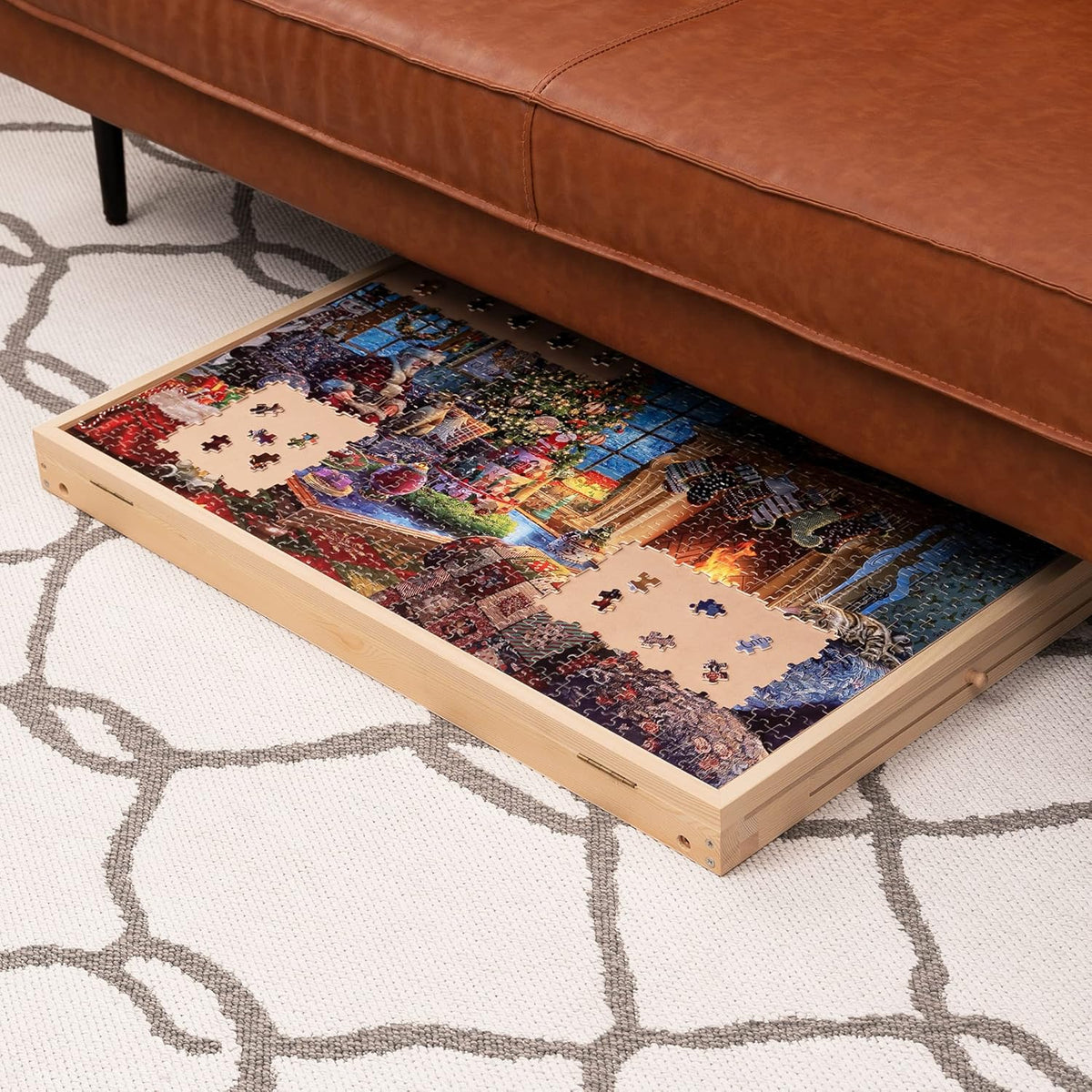 Tilting Puzzle Table with 2 Drawers, Adjustable Jigsaw Puzzle Board, Portable Wooden Puzzle Plateau with Folding Legs & Non-Slip Tabletop O6273