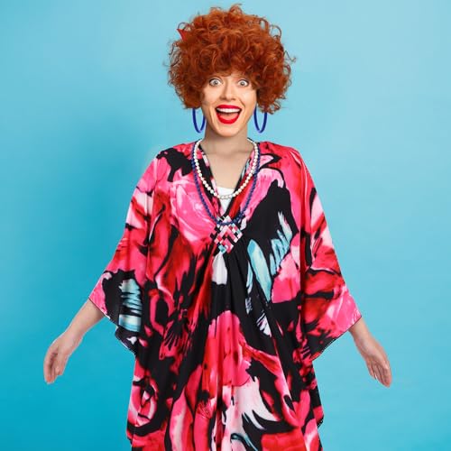5 Pcs Halloween Costume Set with Print Caftan Dress Curly Wig Bead Necklace Earring T779586