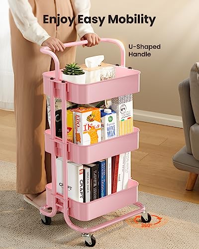 3 Tier Mesh Utility Cart with Handle and Lockable Wheels Black F982624