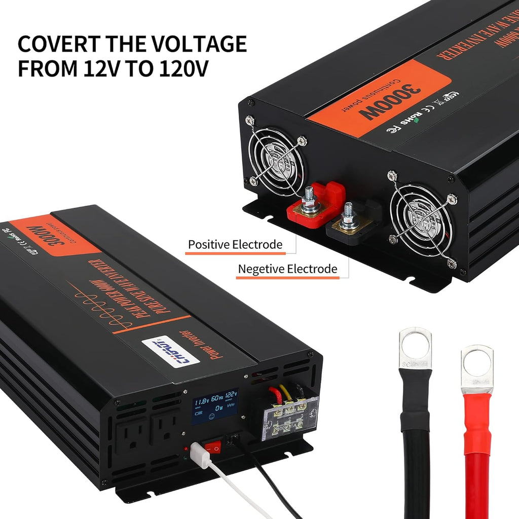 3000W Pure Sine Wave Power Inverter DC 12V to AC 120V with LCD Digital Display Remote Control USB Port H423