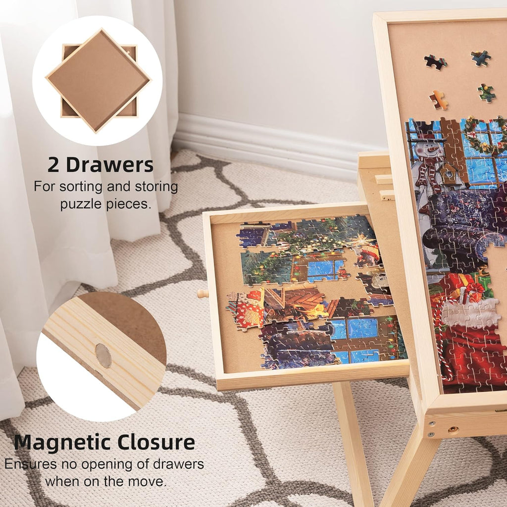Tilting Puzzle Table with 2 Drawers, Adjustable Jigsaw Puzzle Board, Portable Wooden Puzzle Plateau with Folding Legs & Non-Slip Tabletop O6273