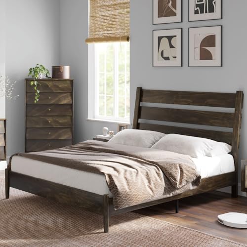 Dark Brown Solid Wood King Bed Frame with Slatted Headboard M185366