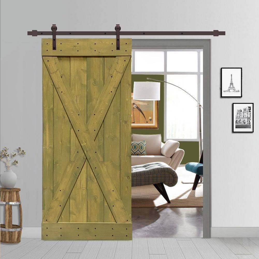 Jungle Green Stained Wood Interior Sliding Barn Door with Hardware Kit E85086
