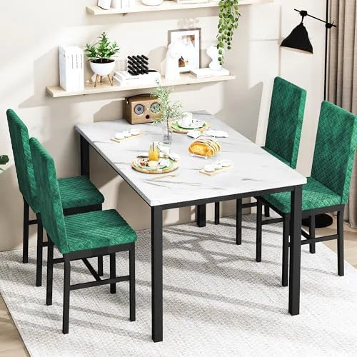 Dining Table and Chairs Set of 4 Faux Marble White C554780