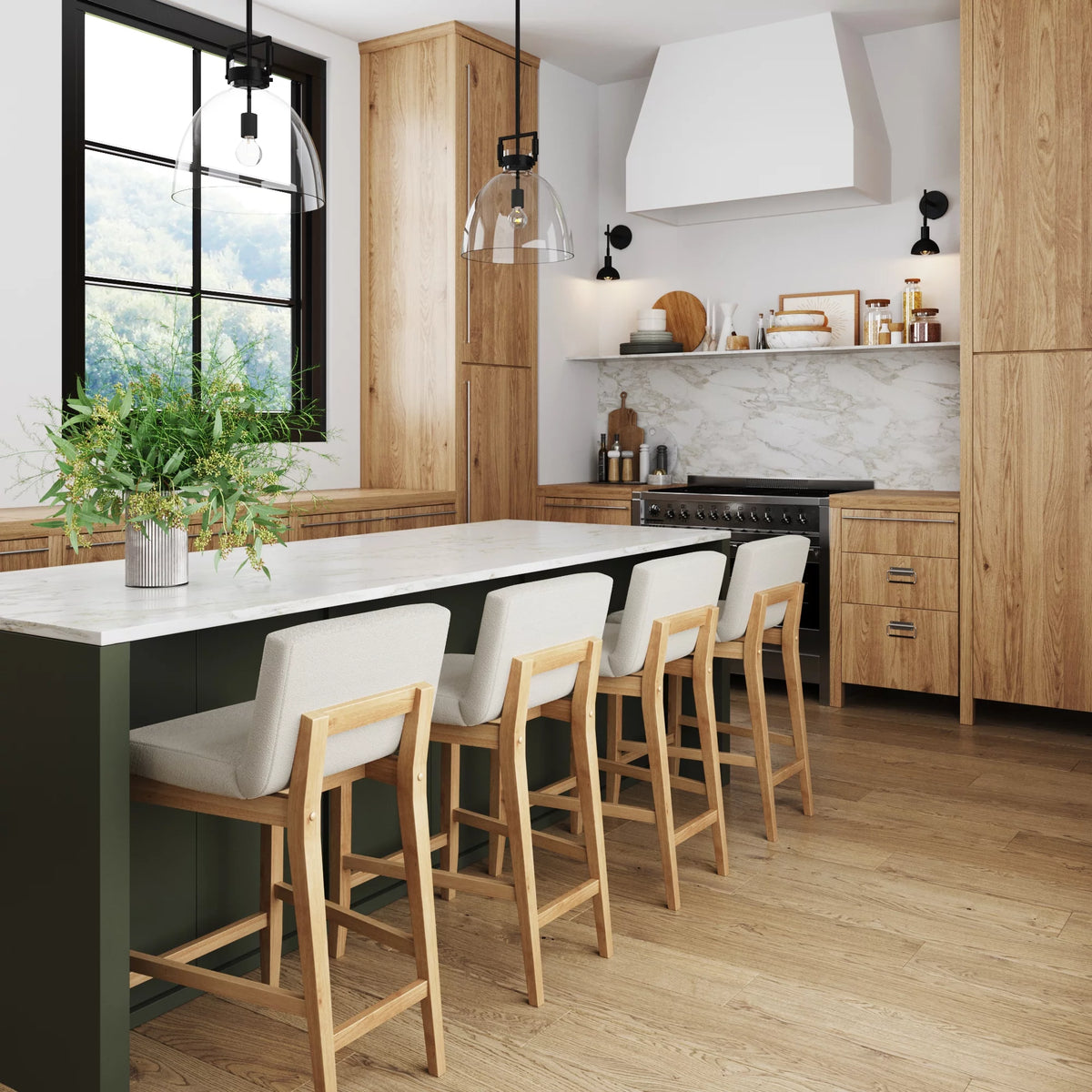 Counter Height Bar Stool with Back, Upholstered Boucle Linen Chair with Wooden Legs I89393