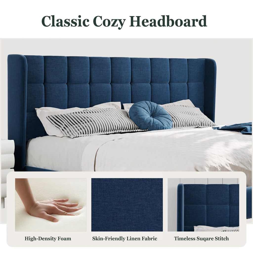 Queen Size Dark Grey Platform Bed with Wingback Headboard A70861