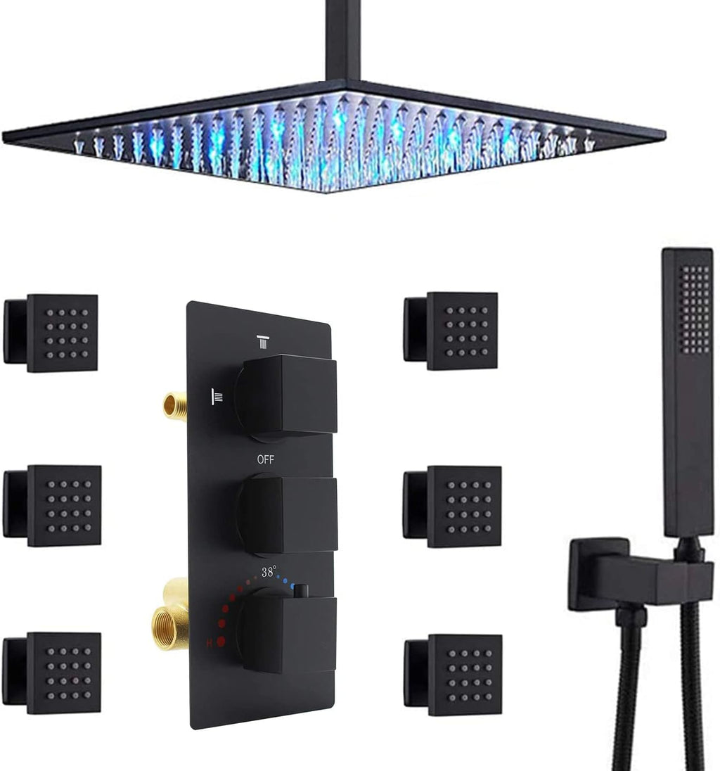 Brushed Nickel LED Rain Shower Head System with Thermostatic Mixer Valve and Body Sprayer Jets S273837