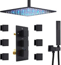 Brushed Nickel LED Rain Shower Head System with Thermostatic Mixer Valve and Body Sprayer Jets S273837
