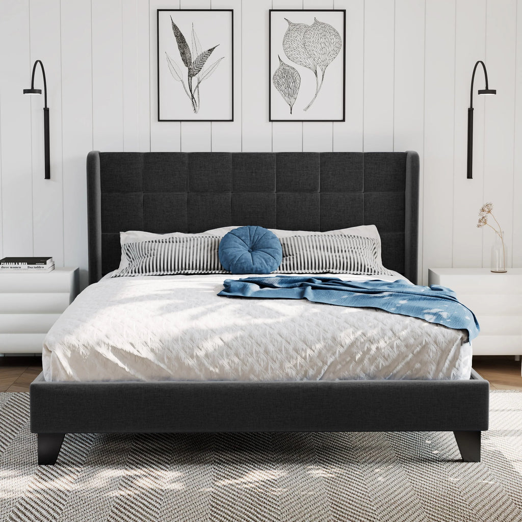 Queen Size Dark Grey Platform Bed with Wingback Headboard A70861