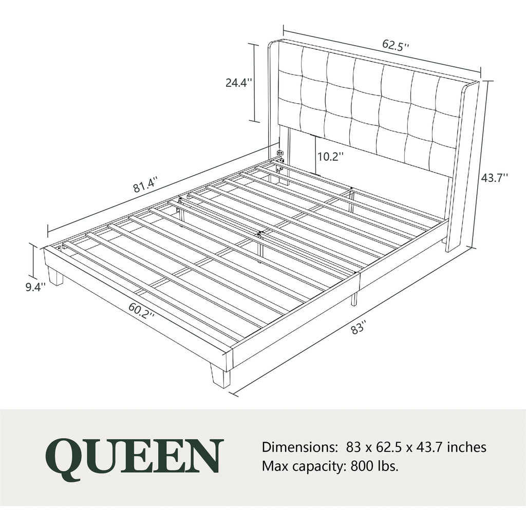 Queen Size Dark Grey Platform Bed with Wingback Headboard A70861