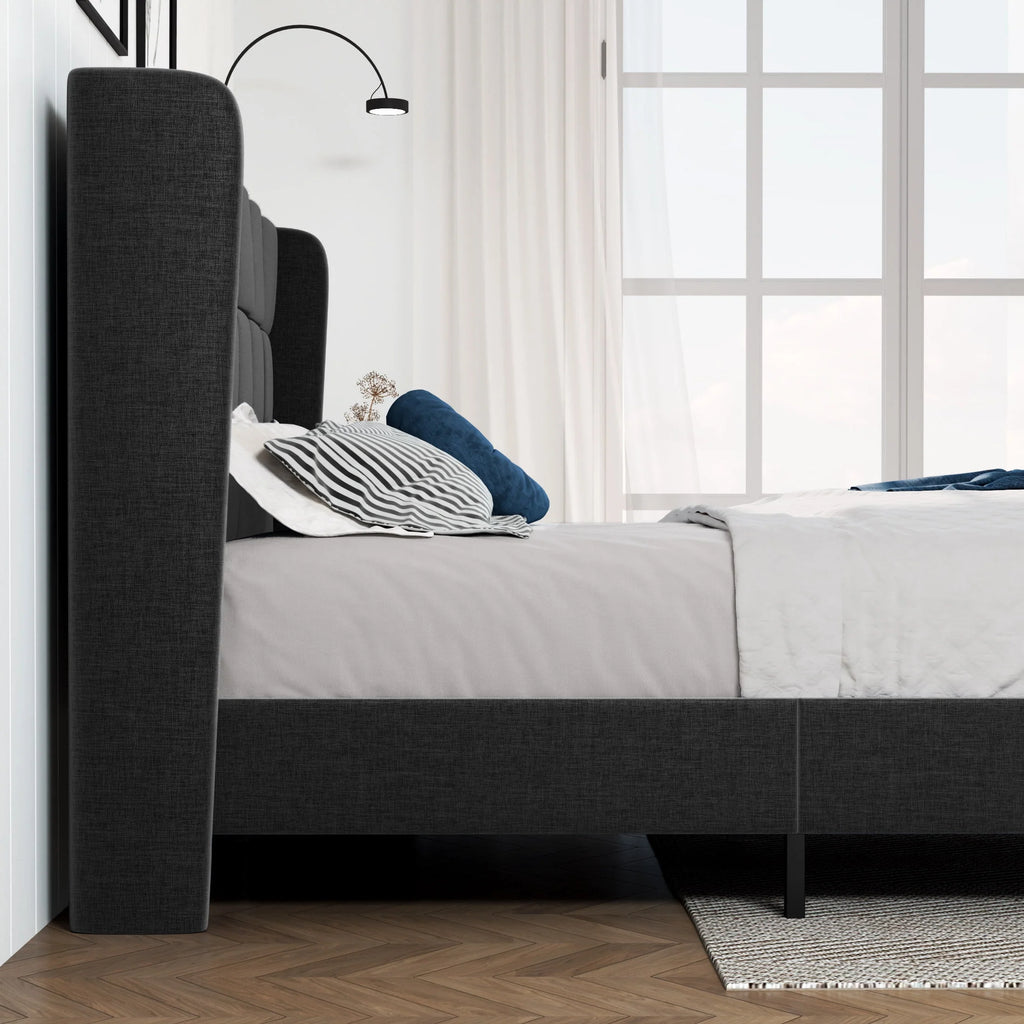 Queen Size Dark Grey Platform Bed with Wingback Headboard A70861