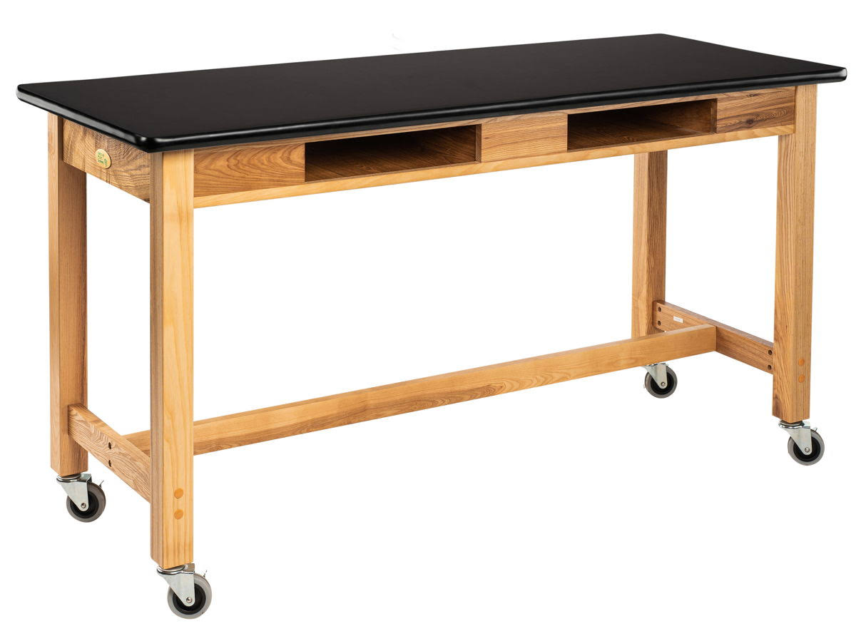 Black Ash Wood Science Lab Table with Book Compartments and Casters U5774