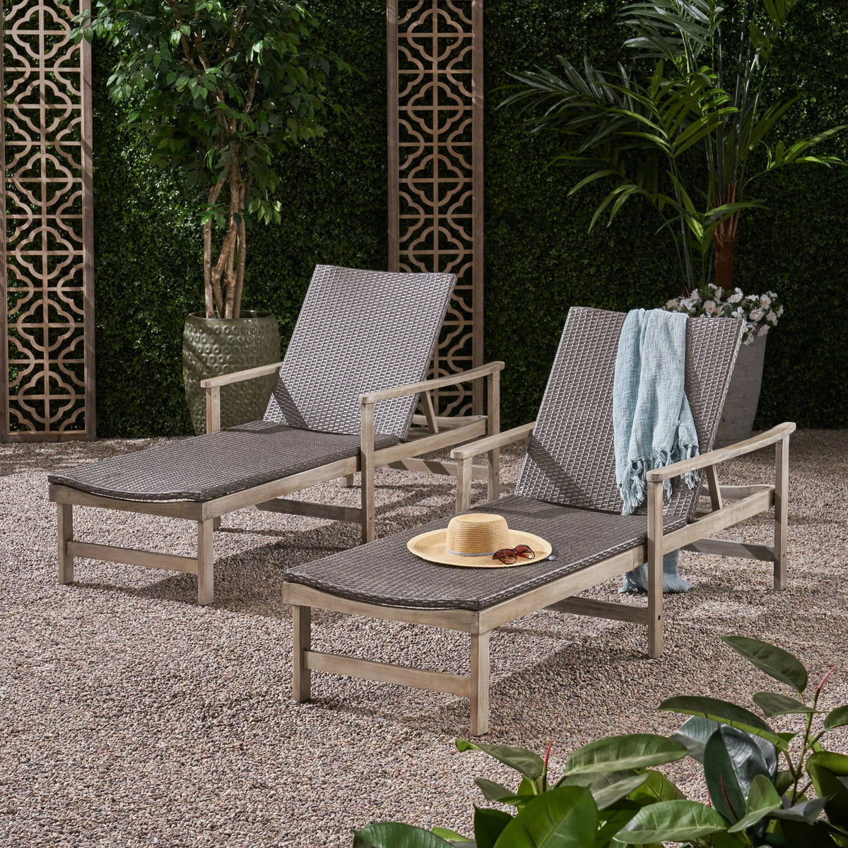 Rustic Acacia Wood Chaise Lounge with Wicker Seating Set of 2 Y8443