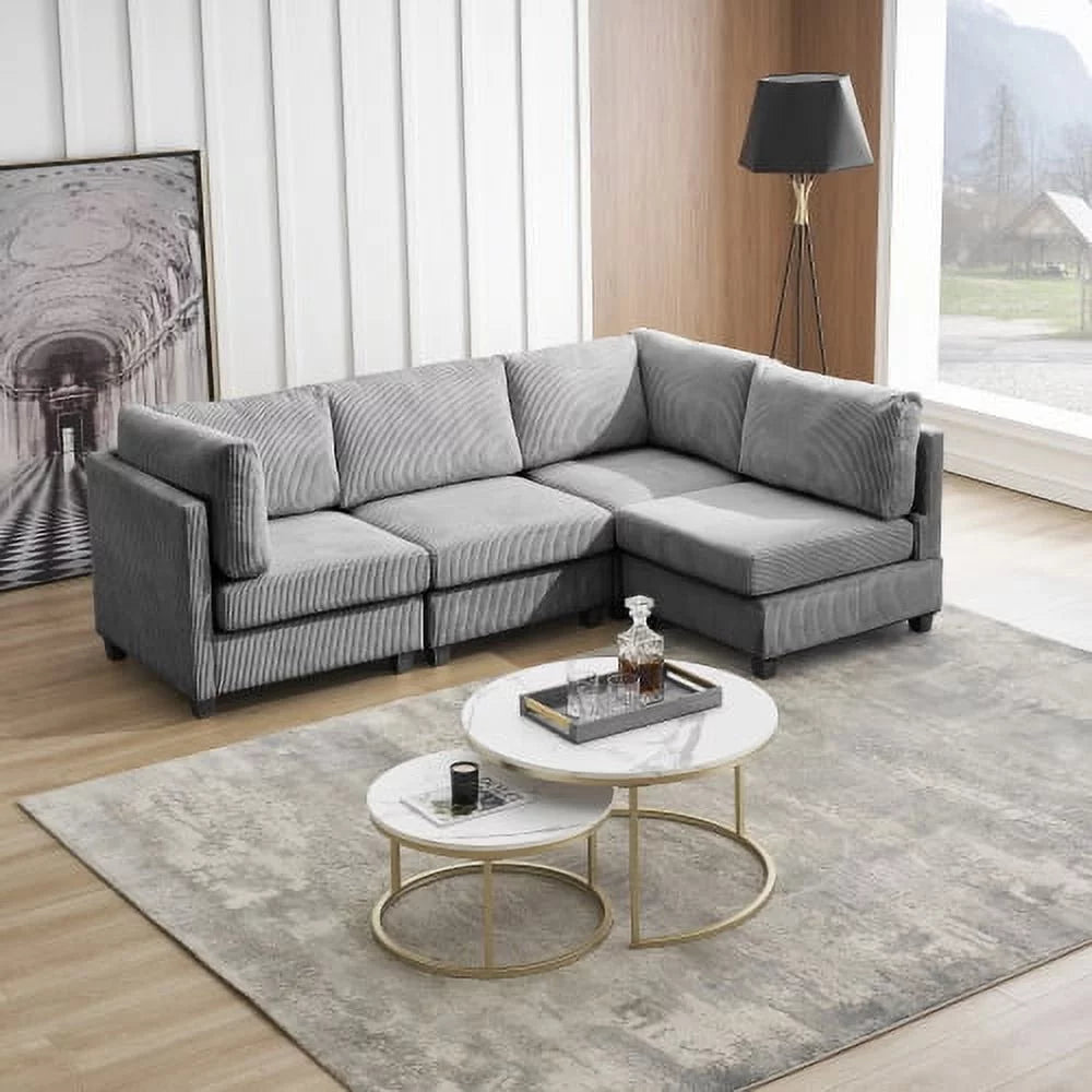 L-Shaped Grey Corduroy Sectional Sofa with Chaise H251