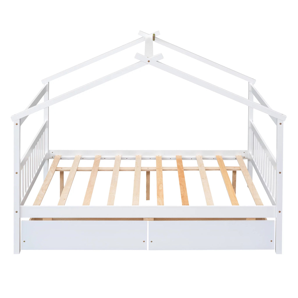 Full Size White Wooden House Bed with Drawers B2086